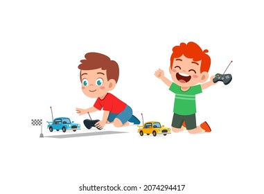 Little Boy Play With Remote Control Toy Car With Friend