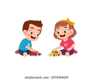little boy play with small toy car with friend