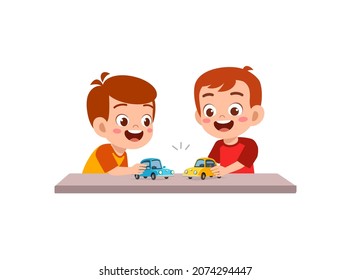 little boy play with small toy car with friend
