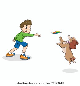 little boy play spinning w...s dog hand draw vector