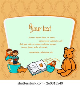 Little boy play with toys and book. Education illustration with place for text.