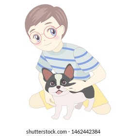 Little boy played with his puppy. French bulldog. illustration.