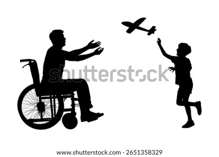 Little boy playing airplane toy with his disabled father sitting on wheelchair isolated black silhouette.	