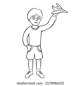 un niño pequeño está jugando con un avión. ilustración vectorial