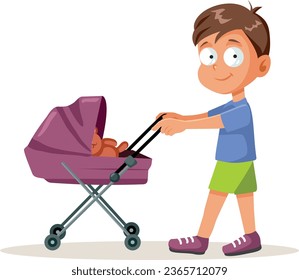 
Little Boy Playing with Baby Carriage Vector Cartoon illustration. Child disregarding general stereotype in playtime game
