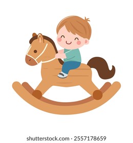 Little boy is playing baby rocking horse. Wooden toy for toddlers or kids. Baby toy or baby element concept. Flat vector in cartoon style isolated on white background.