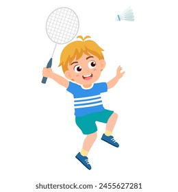 Little boy playing badminton. Cute kids doing outdoor activity. Sport and recreation for exercise in children concept. Flat style.