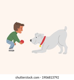 Little boy playing ball with the dog. Play time kids vector illustration. Dog owner and his dog happy time. 