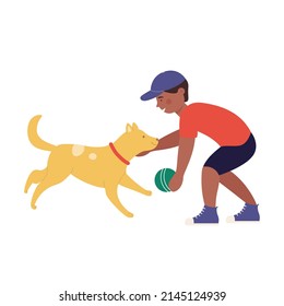 Little boy playing ball with his puppy dog. Outdoor daily pet activity and happy family moment cartoon vector illustration