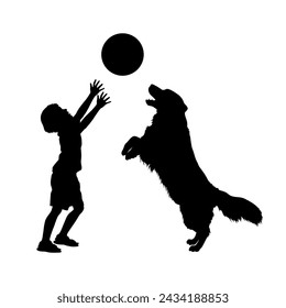 Pequeño niño jugando a la pelota con su perro negro vector silueta	