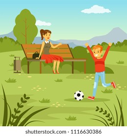 Little boy playing with ball on the lawn, his mom sitting on the bench on nature background, family leisure flat vector illustration