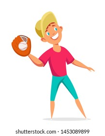 Little boy playing baseball vector illustration. Cheerful kid in casual clothes and peaked cap cartoon character. Smiling child catching ball with glove. Happy childhood, outdoor games design element