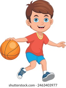 Little boy playing basketball on white background
