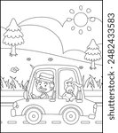 Little boy playing in a big toy truck with a dog coloring page
