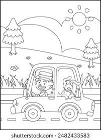 Little boy playing in a big toy truck with a dog coloring page