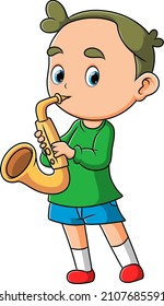 The little boy is playing and blowing saxophone of illustration
