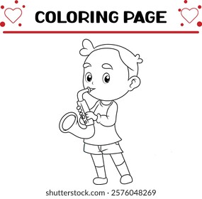 little boy is playing blowing saxophone coloring page for kids