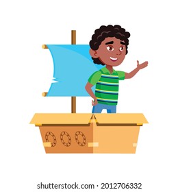 little boy playing captain and floating on carton boat cartoon vector. little boy playing captain and floating on carton boat character. isolated flat cartoon illustration