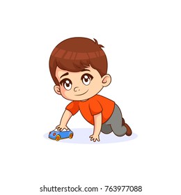 Little Boy playing car toys, with white background