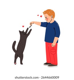 Little boy playing with a cat original artwork