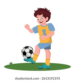 little boy playing, child practicing sport, vector illustration.