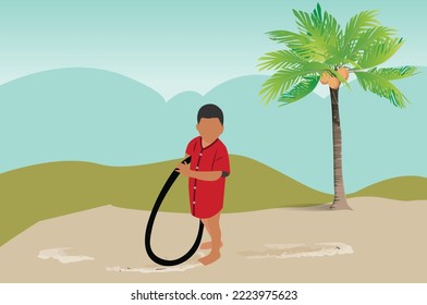 Little Boy playing with cycle tire, Indian Childhood games, village games, vector illustration