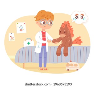 Little boy playing doctor with horse plush toy. Happy kid with patient on bed vector illustration. Cute child treating sick toy with prick in hand. Childhood activity at home scene.