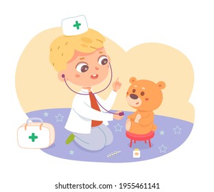 Little boy playing doctor with teddy bear. Happy kid with toy as patient in hospital vector illustration. Cute child treating sick plush toy. Childhood activity at home scene.