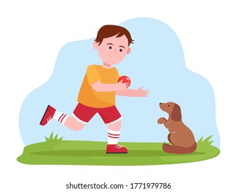 Little boy playing with dog. Pupil, puppy, ball flat vector illustration. Animals and childhood concept for banner, website design or landing web page