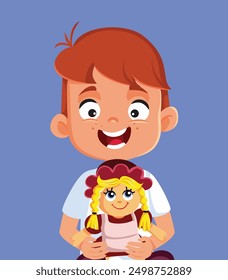 
Little Boy Playing with Dolls Vector Cartoon illustration. Child playing with atypical toys not conforming to gender roles and stereotypes 
