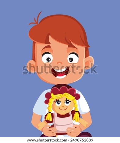 
Little Boy Playing with Dolls Vector Cartoon illustration. Child playing with atypical toys not conforming to gender roles and stereotypes 
