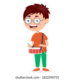 little boy playing drum, kid drummer performance, cartoon vector illustration