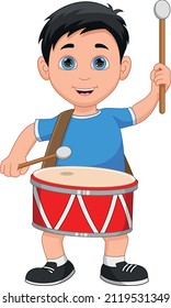 little boy playing drum on white background