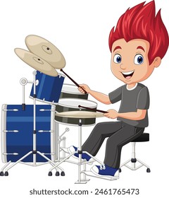 Little boy playing a drum set