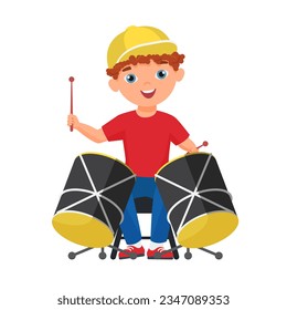 Little boy playing drums. Child drummer, musical performance vector cartoon illustration