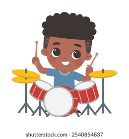 A little boy playing the drums. Concept of Musical education, Inspiration art school student. Arts for kid. Little boy with musical instrument.