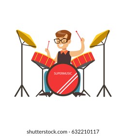 Little boy playing drums, little drummer. Colorful character vector Illustratio