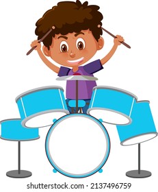 A little boy playing drums on white background illustration