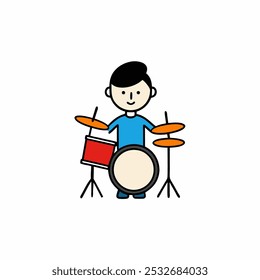 Little boy playing drums vector illustration.