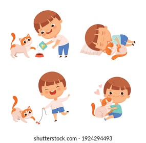 Little Boy Playing and Feeding His Pet Cat Vector Set