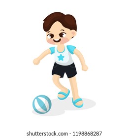 Little boy playing foot ball with happy face