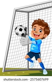 Little boy playing football goalkeeper full length in football uniform in football goal caught the ball rejoices in success Vector