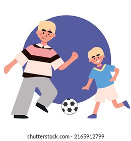 Little boy playing football with his father. Father and son enjoying playing football together. Happy international fathers day. Proud to be a father. Simple flat vector illustration