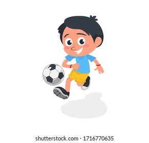 Little boy playing football and kicking ball vector illustration. Happy smiling child exercising in soccer cartoon design. Team game and footballer concept. Isolated on white