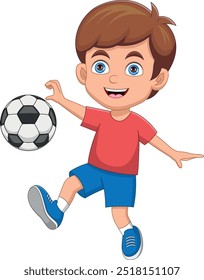 little boy playing football on white background