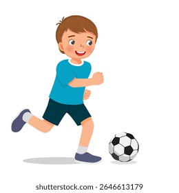 Garotinho jogando futebol pronto para chutar a bola