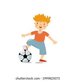 Little boy is playing football. Young soccer player with ball. Cartoon character, kid and sport. Hand drawn vector illustration, isolated on white background. Flat design.