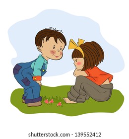 little boy playing with a little girl, illustration in vector format