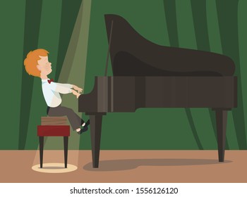 Little Boy is playing the grand piano. Music performance. Concert at a music school. Vector illustration for cards, posters