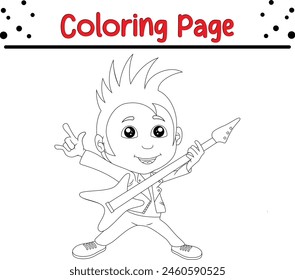 little boy playing guitar coloring book page for kids.